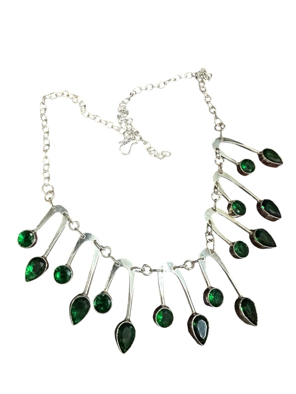Silver Necklace with Emerald Green Teardrop & Round Stones